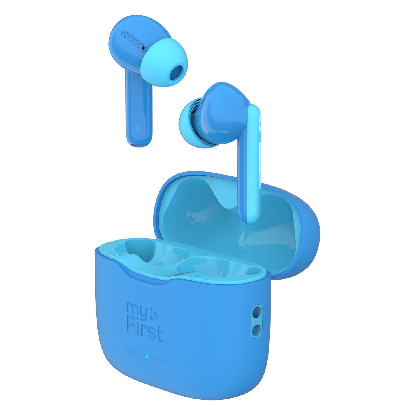 Blue ear buds against a white background