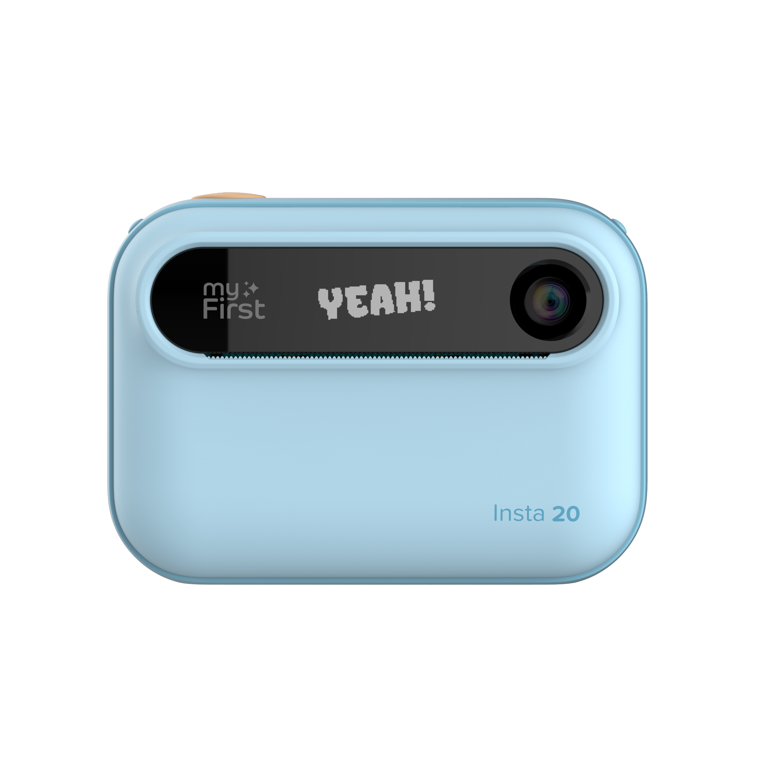 A blue Insta 20 instant print camera against a white background
