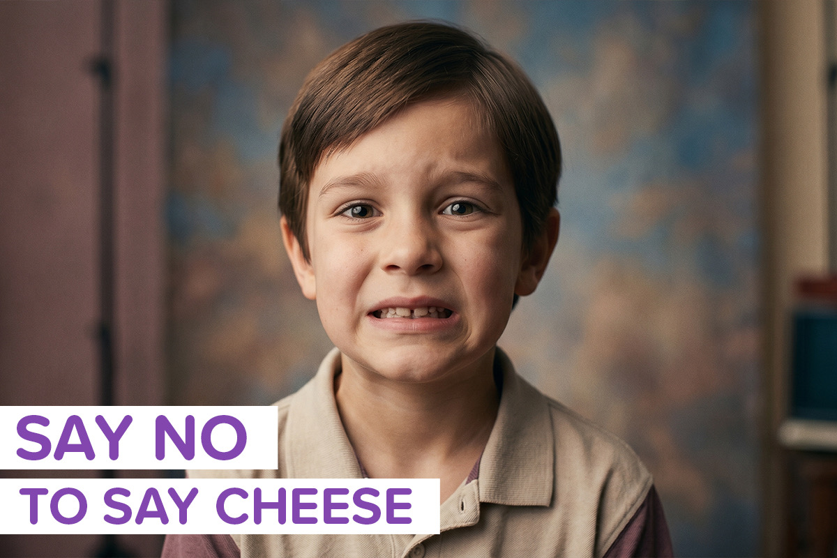 A kit struggling to smile naturally for a photo, with the label "say no to say cheese"