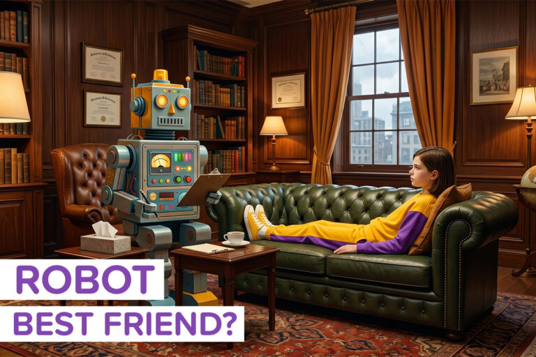 A child in a therapist office talking to a robot