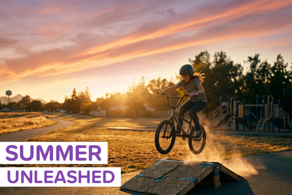 An image of a tween girl riding her bike off a ramp in a park