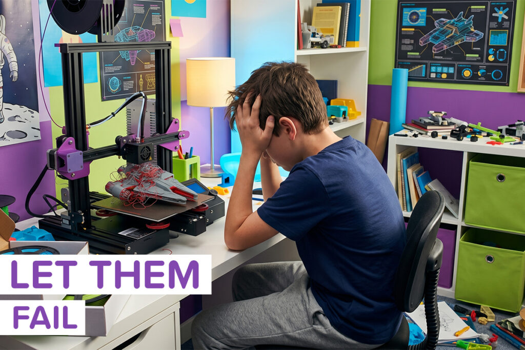 A kid showing frustration with failure in art as his 3D printed spaceship comes unraveled in his messy room. It's labeled "let them fail"