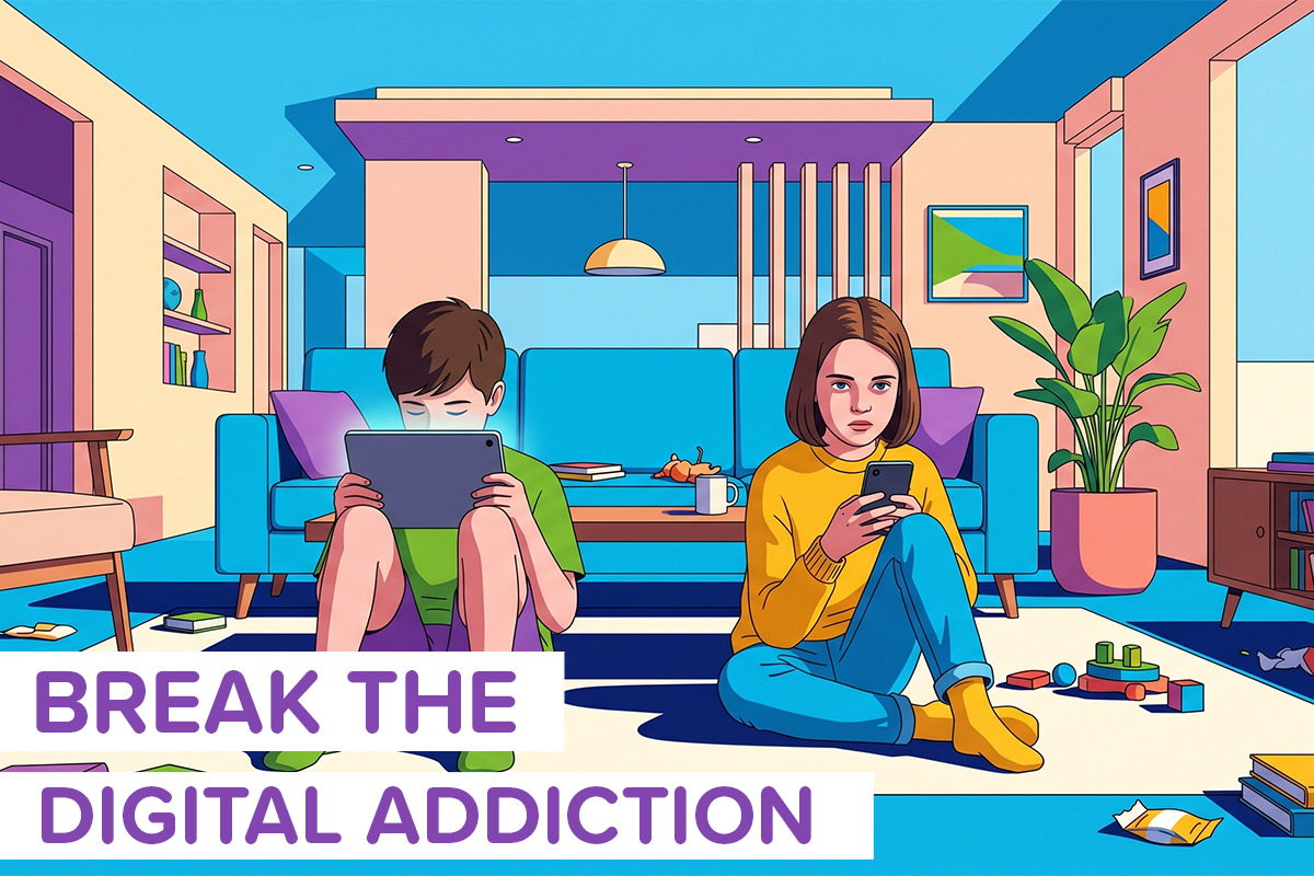 Two kids sitting on the ground in their living room addicted to their devices, with the title Break The Digital Addiction across the bottom