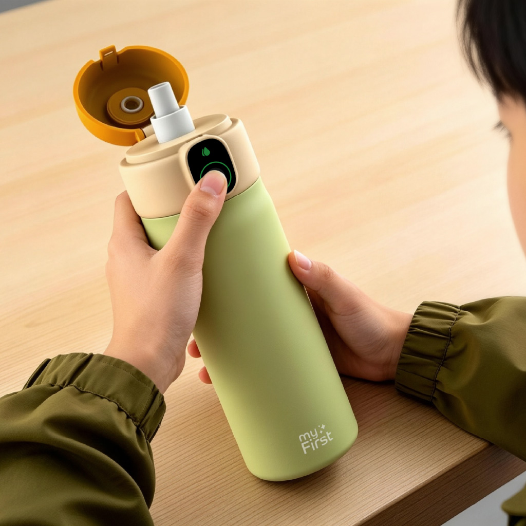 Close-up of child's hands gripping green CareSip bottle from above