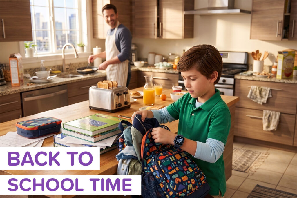 A kid packing his bag getting ready to go back to school while wearing a myFirst Fone S4. The image is labeled "back to school time"