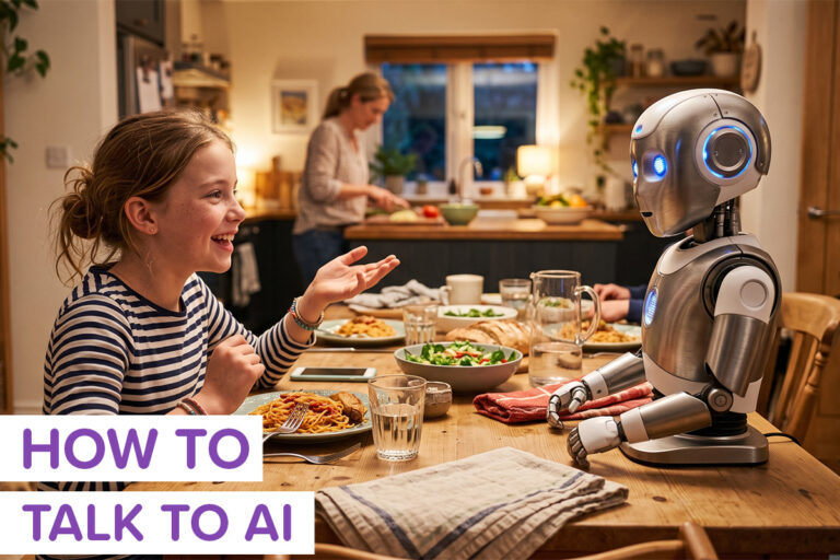 A young girl having a conversation with an AI robot at the dinner table, labeled How To Talk To AI