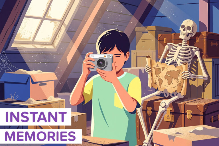 A cartoon picture of a child holding an instant print camera with a skeleton holding a map behind him. On the image is copy that says INSTANT MEMORIES.