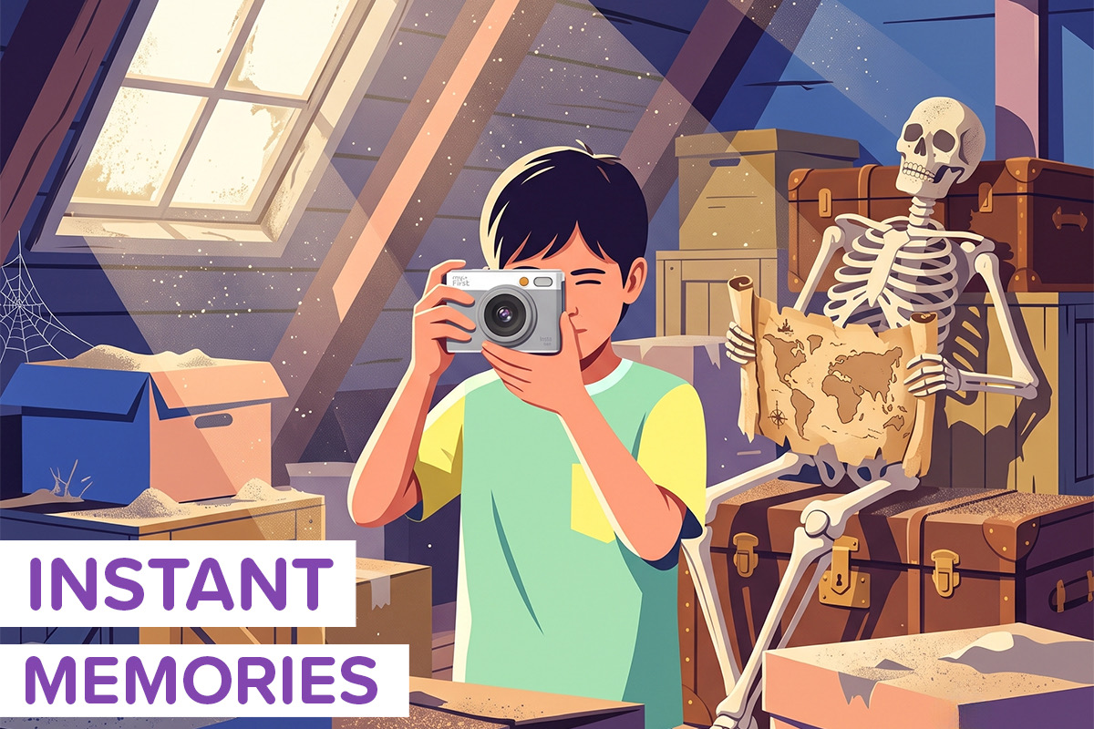 A cartoon picture of a child holding an instant print camera with a skeleton holding a map behind him. On the image is copy that says INSTANT MEMORIES.