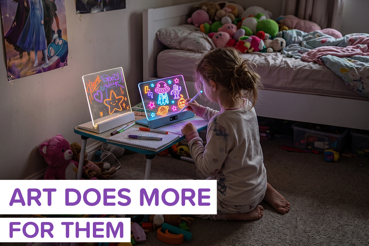 A girl using a sketch board in her room, which is messy, with the label "art does more for them" overlaid.