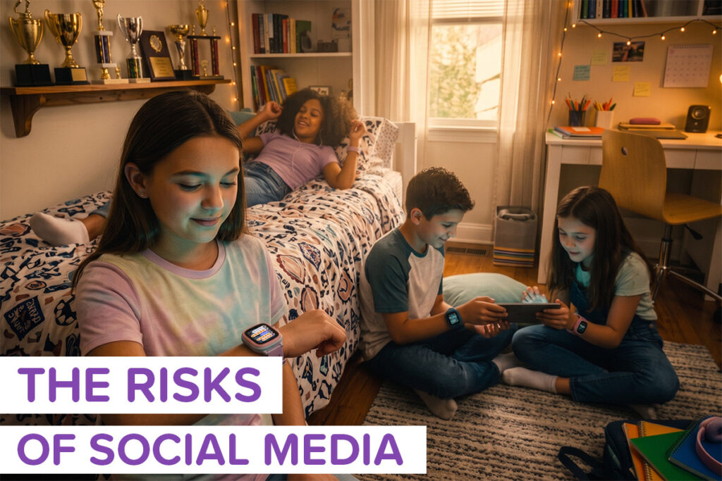A group of kids hanging out in a bedroom, one of them is looking at their watch. The image is labeled "the risks of social media"