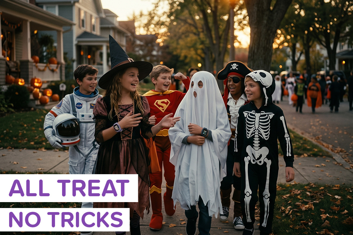 Kids out on Halloween in costumes, wearing smartwatches, labeled "All Treat, No Tricks"